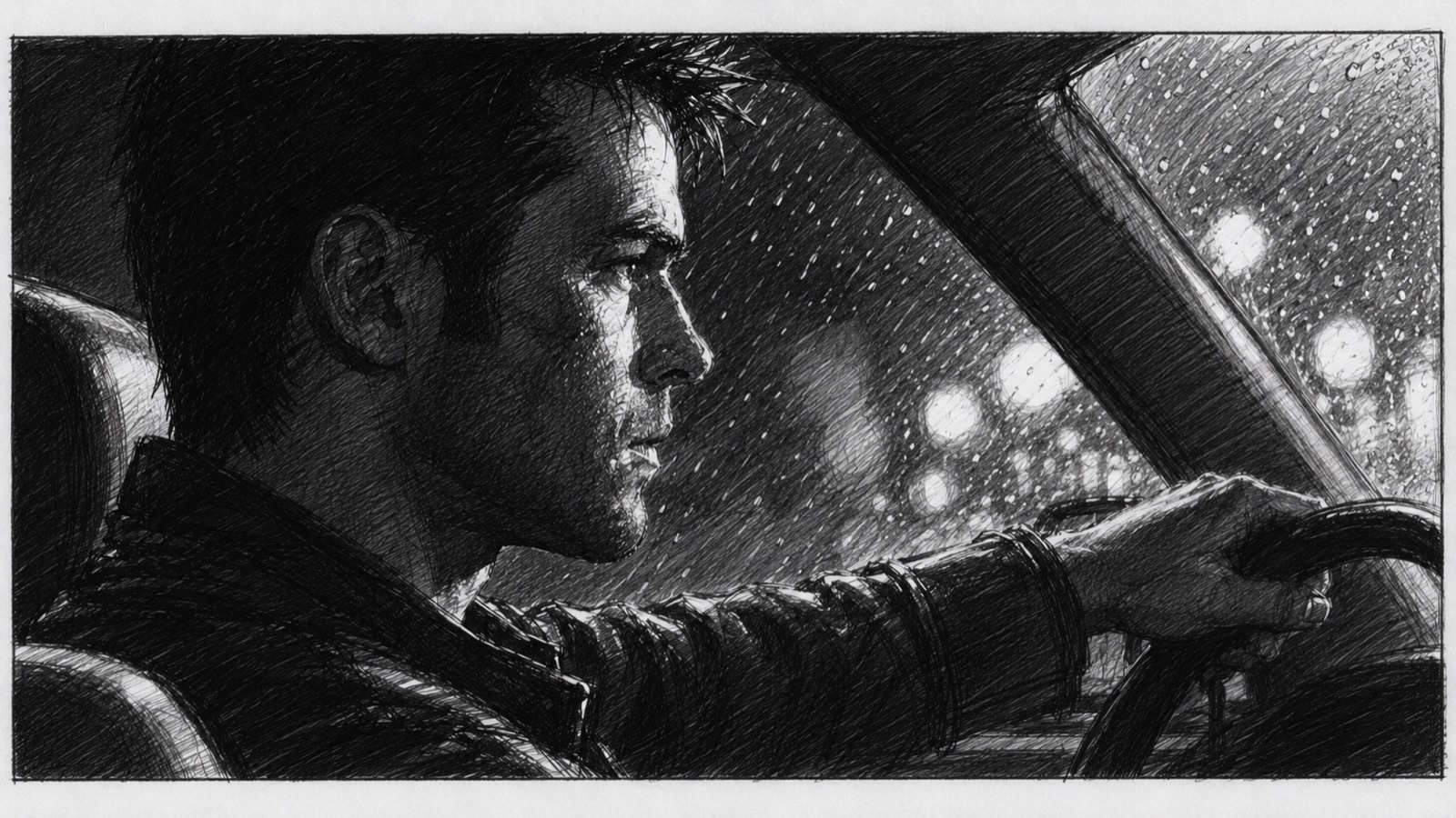 Storyboard pencil sketch developing into a rendered night-drive frame