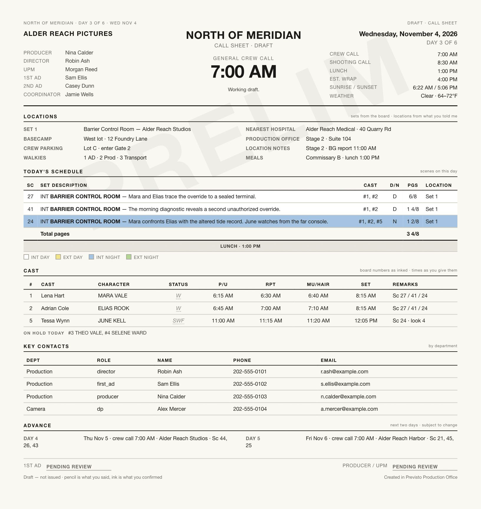 North of Meridian call sheet, in Previsto’s original design